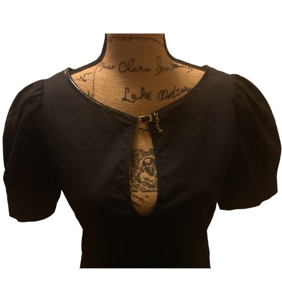 LaRok Vintage Exaggeration Puff Sleeve Keyhole Black Mini Dress - Picture 8 of 12